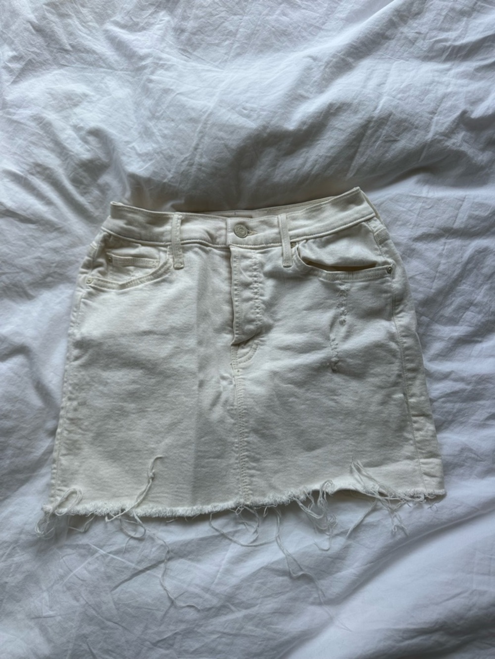MOTHER Cream Raw-Hem Denim Mini Skirt